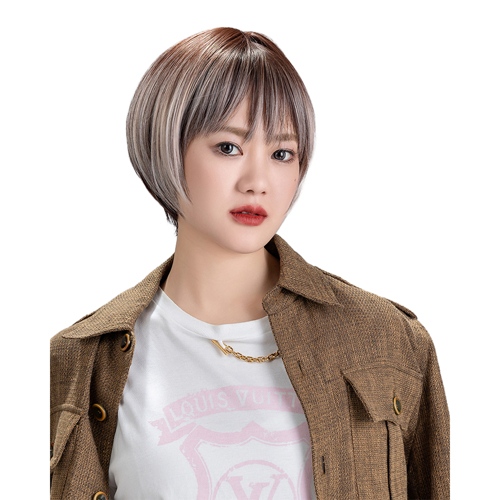 SUN9 ウィッグ ショート ストレート カツラ wig かつら女性 コスプレ ロリータ ウィッグ女装 レディース フルウィッグ 小顔 自然 耐熱 ネット ギフト ボックス付 ブラウンゴールドメッシュ